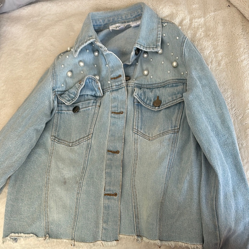 Light Blue Classic Jean Jacket with Distressed Denim